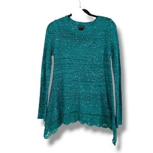 New Directions Teal Sequin Knit Top with Lace Hemline Women's‎ Small